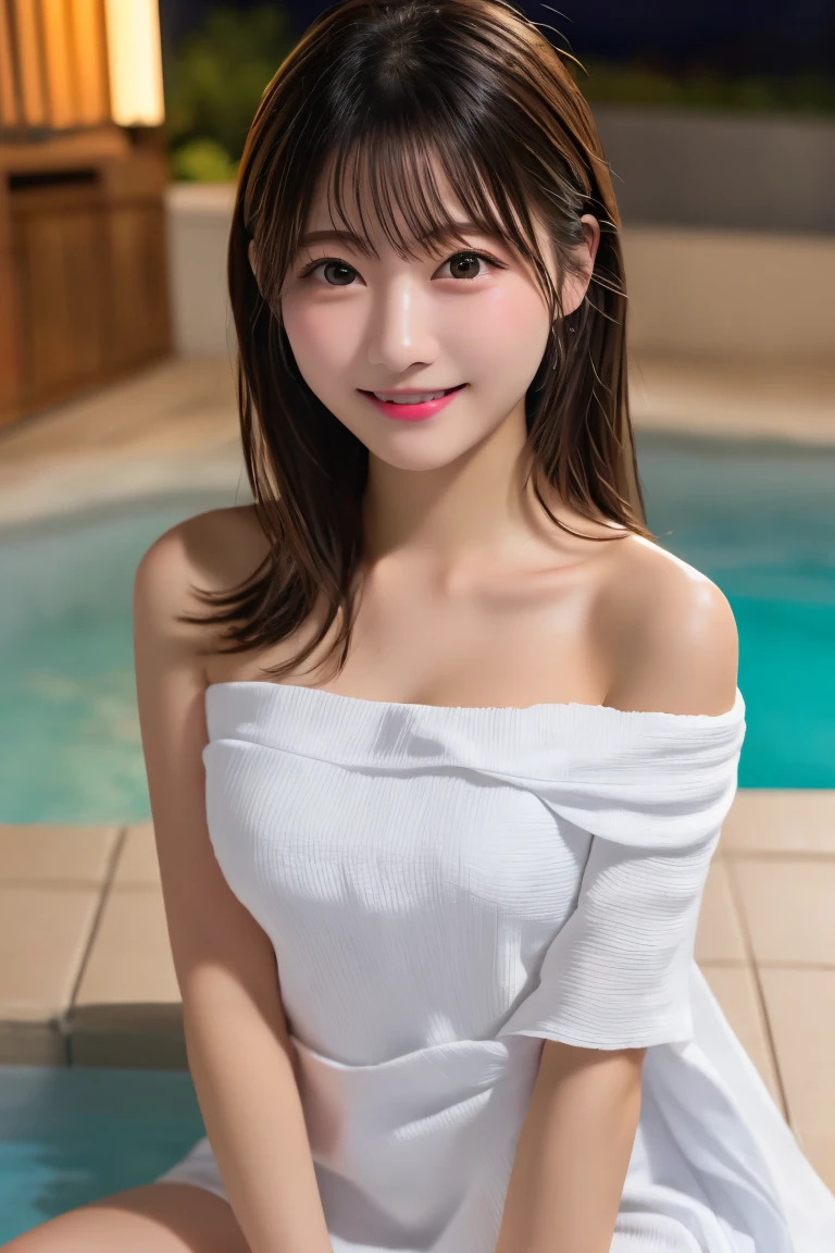Highest quality, (beautiful)、Soak in the open-air bath、Wrap a bath towel around your body、Close-up、Soft 、night、smile、Bare shoulders、Shoot from above、Outdoor