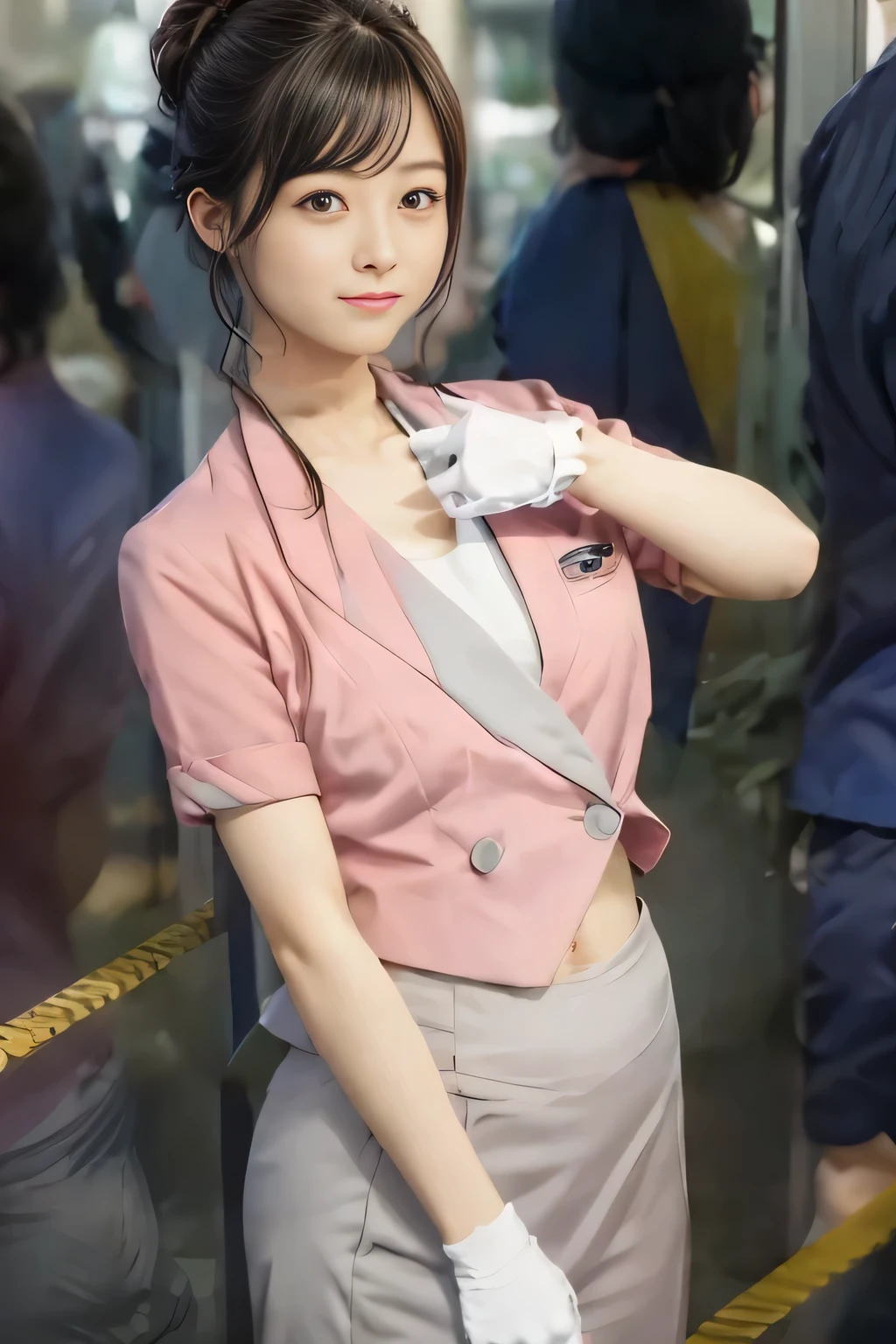 Showing your belly button、(masterpiece:1.2, Highest quality:1.2), 32k HDR, High resolution, (alone、1 Girl)、 (height: 160cm)、（Building rooftop in the daytime、Professional Lighting）、Building rooftop background、（Nankai train crew uniform pinkを着たリアルスタイル）、（Nankai Electric Railway crew uniform, pink, Short sleeve, Collarless, pink jacket、Nankai Electric Railway crew uniform pink no-collar short-sleeve blouse、Nankai Electric Railway crew uniform, pink grey, Knee-length culottes）、（A pink jacket peeks out from under the culottes.）、Dark brown hair、（Hair tied up、Hair tied up、Evening curly hairstyles）、Dark brown hair、Long Shot、Big Breasts、Thin legs、（（Great hands：2.0）），（（Harmonious body proportions：1.5）），（（Normal limbs：2.0）），（（Normal finger：2.0）），（（Delicate eyes：2.0）），（（Normal eyes：2.0））)、smile、（Nankai Electric Railway crew uniform, pink grey, Knee-length culottesを見せた美しい歩く姿）、Place your hands around your stomach