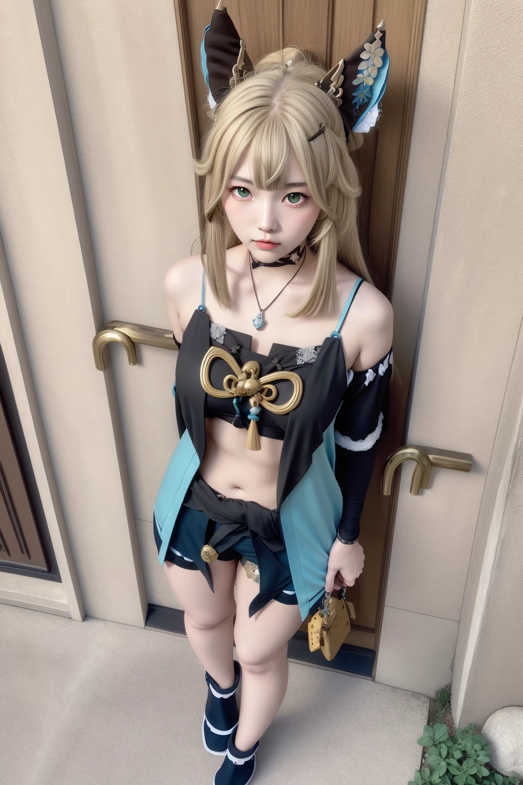 (best quality, 16K, masterpiece :1.3), surreal, Kirara_genshin, realistic,(Realistic raw photo 16K), Detailed and delicate beautiful face, sweet girl, headdress, cat ears, blonde long hair, green eyes, Separated sleeves, Kirara's upshirt, top cutout, navel, Kirara's short skirt, two cat tails, whole body, standing, looking at viewer, outdoors, japan, Osaka, Osaka(castle), front door , front door 앞 ,at noon, sunlight,ultra high resolution, extremely high details, 사실적인 realistic 배경, realistic 빛, ray tracing, raytrace, HDR