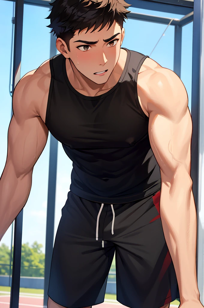 masterpiece, best quality, 1boy, solo, male focus, PE teacher, leaning forward, muscular male, black tank top, shorts, bulge, brown eyes, short hair, black hair, looking at viewer, (covered nipples:0.8), bara, sweat, park, tree
