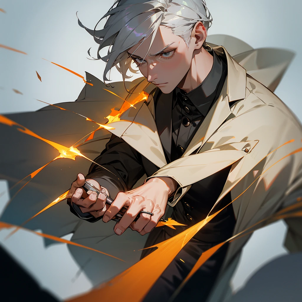 a 25 year old man with grey hair and amber eyes, determined to become the best surgeon in the world, holding a small scalpel in his hands, wearing a worn medical coat, realistic, photorealistic, 8k, highly detailed, masterpiece, cinematic lighting, dramatic lighting, dramatic pose