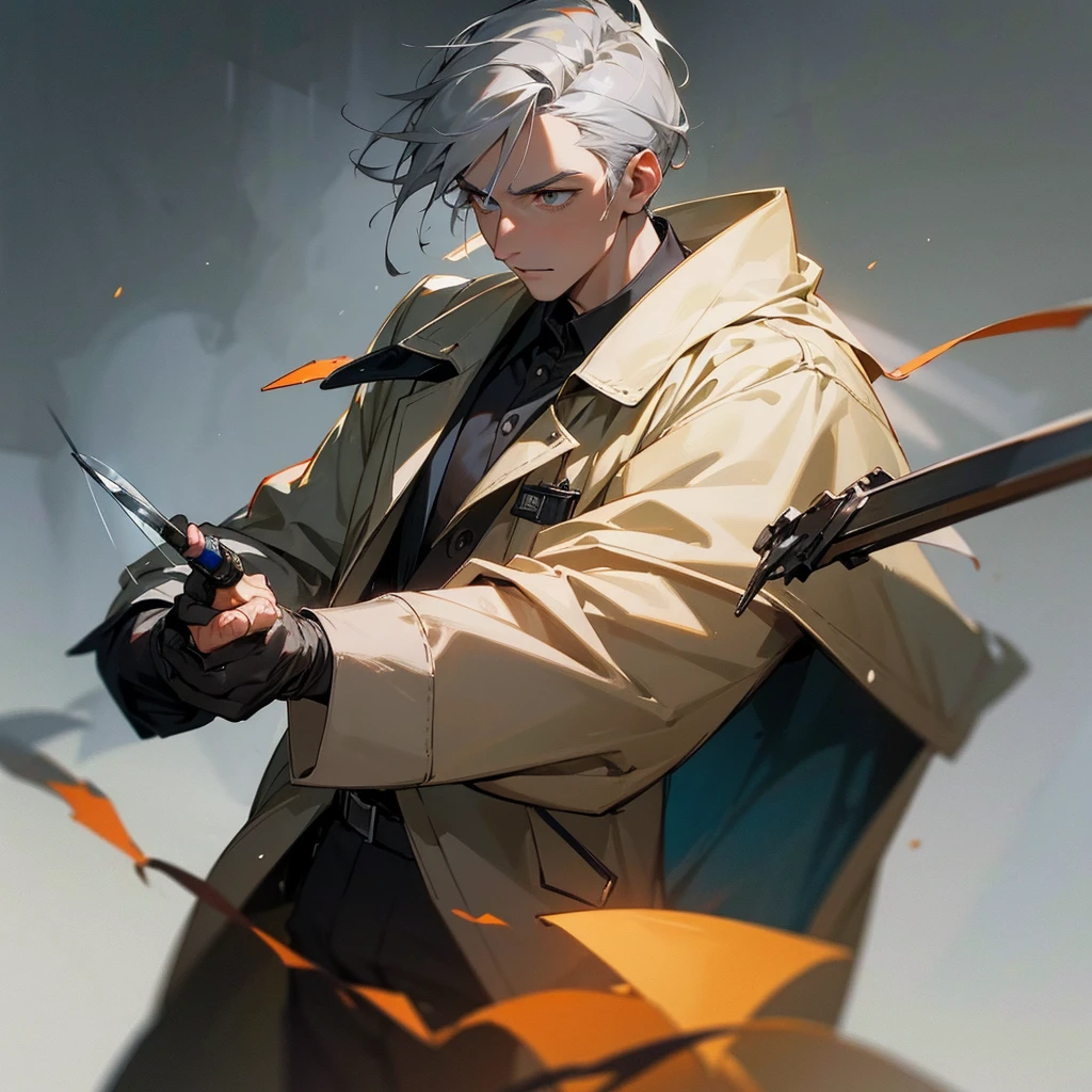a 25 year old man with grey hair and amber eyes, determined to become the best surgeon in the world, holding a small scalpel in his hands, wearing a worn medical coat, realistic, photorealistic, 8k, highly detailed, masterpiece, cinematic lighting, dramatic lighting, dramatic pose