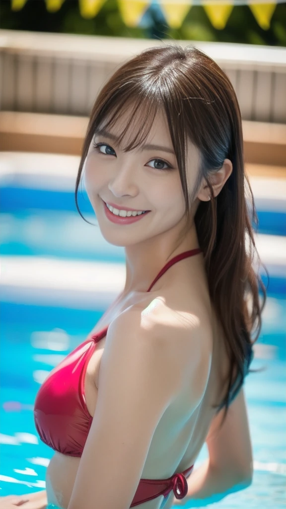 (2 japanese girl), 30 years old, baby face, school swimwear, cute, (red swimsuit), ((small breasts:1.5)), ((realistic nipples)), look at each other, hugging each other, (kissing), black hair, hair pulled back, eyeball, shy, blush, parted lips, ahegao, endured face, chin grab, medium hair, tareme, pout, face-to-face, excited, (realistic private parts), downy hair, at the pool, tongue, light smile, Surrealism, depth of field, Canon, UHD, masterpiece, textured skin, super detail, high quality, UHD, 8k