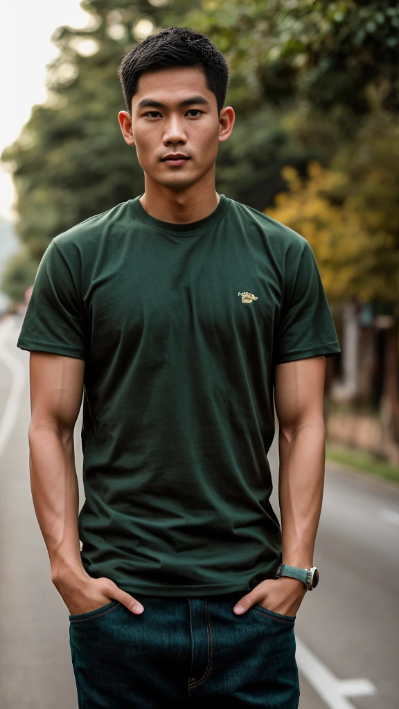 Thai man ,man,He is about 30 years old..,Rough and handsome appearance,large breastsj,Big waistline,buzz cut, angry, sullen, best quality, Masterpiece,(Have muscles:4.5),(best quality,high resolution,Masterpiece:1.2),The eyes are natural and delicate..,1 person,alone,gay asian,muscle,Long legs,brave,short hair details,conjunctivitis ,strong,brown eyes, (outdoor background road :1.5),in the market,sit (dark green t-shirt:1.3),Jeans
