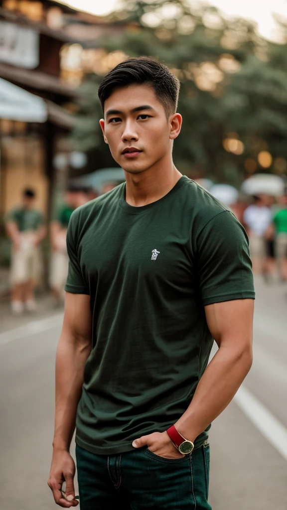 Thai man ,man，He is about 30 years old..，Rough and handsome appearance，large breastsj，Big waistline，buzz cut, angry, sullen, best quality, Masterpiece，（Have muscles：4.5），(best quality,high resolution,Masterpiece:1.2),The eyes are natural and delicate..,1 person,alone,gay asian,muscle,Long legs,brave,short hair details,conjunctivitis ,strong,brown eyes, (outdoor background road :1.5)，in the market，sit (dark green t-shirt:1.3),Jeans