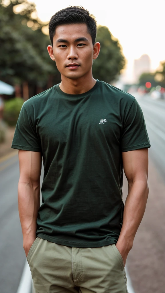 Thai man ,man,He is about 30 years old..,Rough and handsome appearance,large breastsj,Big waistline,buzz cut, angry, sullen, best quality, Masterpiece,(Have muscles:4.5),(best quality,high resolution,Masterpiece:1.2),The eyes are natural and delicate..,1 person,alone,gay asian,muscle,Long legs,brave,short hair details,conjunctivitis ,strong,brown eyes, (outdoor background road :1.5),in the market,sit (dark green t-shirt:1.3),Jeans