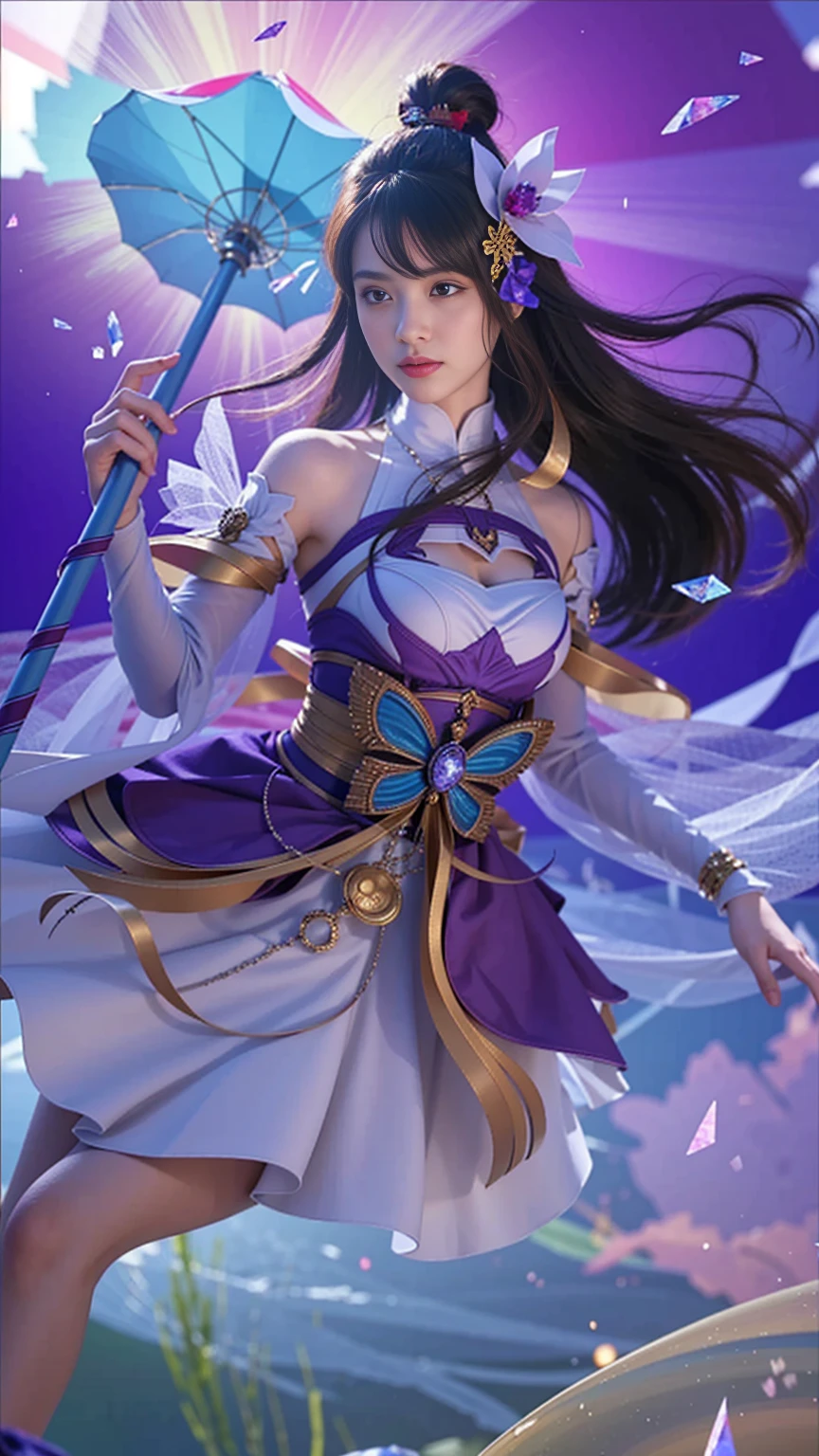 (Masterpiece, best quality:1.5), photorealistic:1.30, highres, wallpaper 8k, detail Texture, color details, crystal skin details, Glowing skin, detail face, detail body, detail Hand, detail finger, Very clear details, Fine details, ferpect lighting, micro detail Texture,  1girl, solo, long hair, purple eyes, purple eyes,