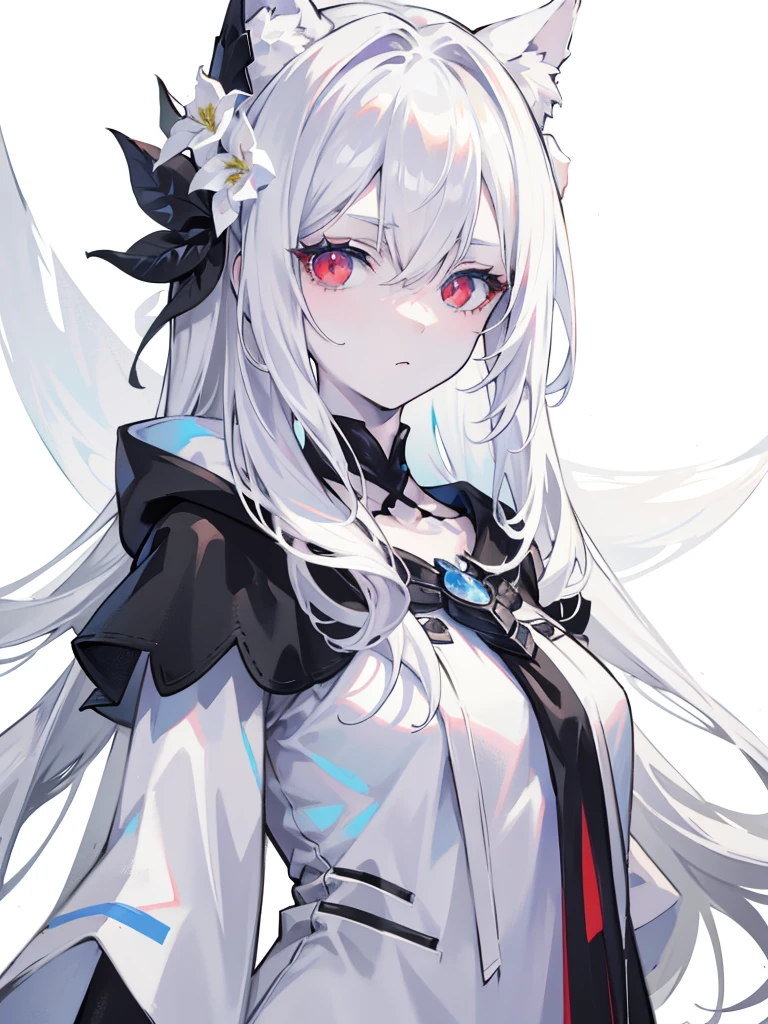 Pale skin, White hair, Black hoodie, flowers in head, double tails, , Solo,{{Best quality}}, {{Masterpiece}}, {{Ultra-detailed}}, {illustration}, {Detailed light}, Red eyes,Long hair，A revealing, thin dress.