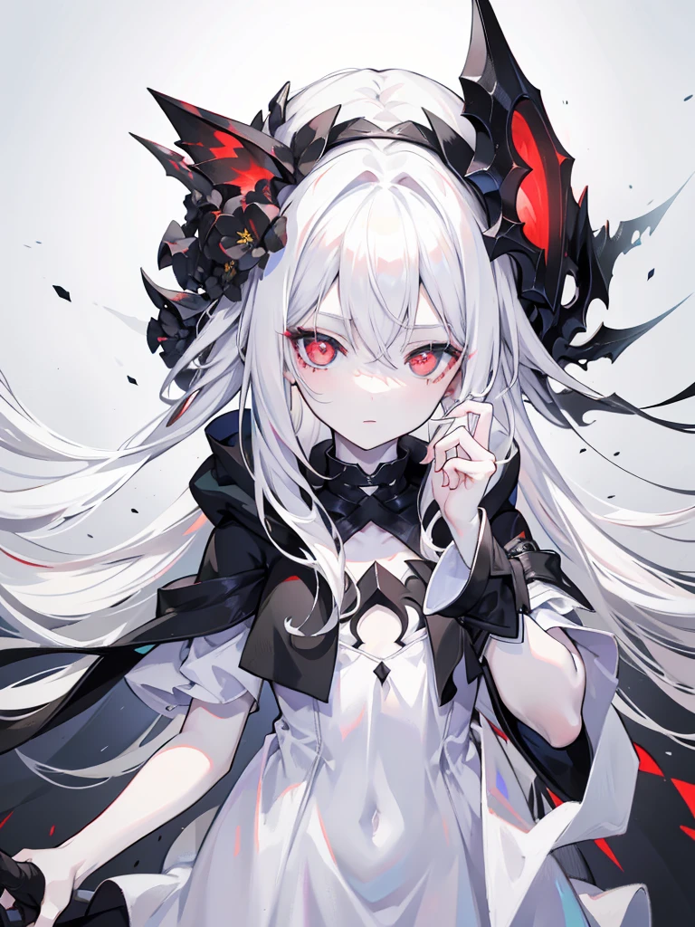 Pale skin, White hair, Black hoodie, flowers in head, double tails, , Solo,{{Best quality}}, {{Masterpiece}}, {{Ultra-detailed}}, {illustration}, {Detailed light}, Red eyes,Long hair,A revealing, thin dress.