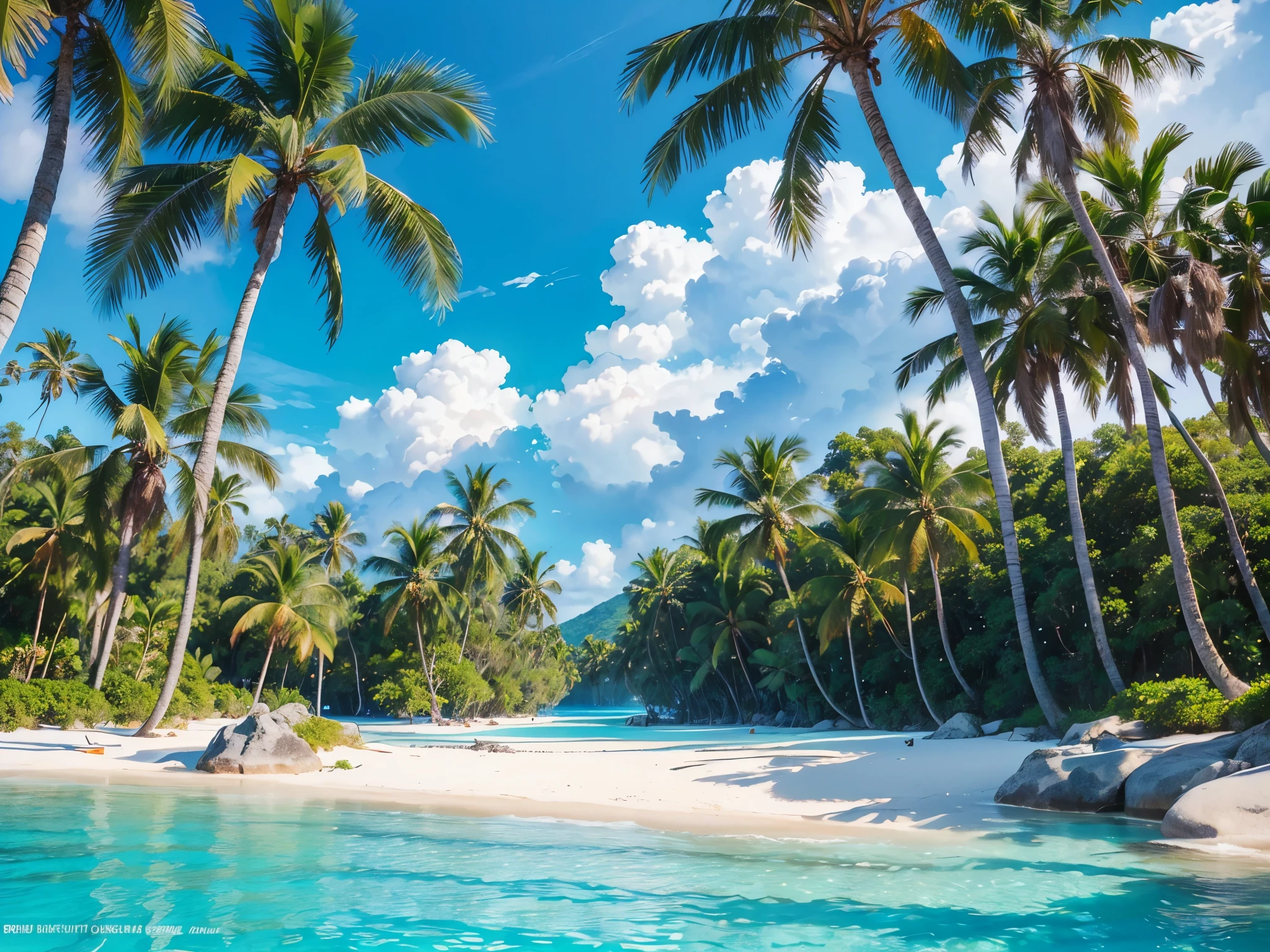 a tropical island with lush green palm trees, crystal clear turquoise waters, white sandy beaches, blue sky with fluffy clouds, (best quality,4k,8k,highres,masterpiece:1.2),ultra-detailed,(realistic,photorealistic,photo-realistic:1.37),landscape,serene,vibrant colors,natural lighting,environmental,scenic,idyllic,paradise