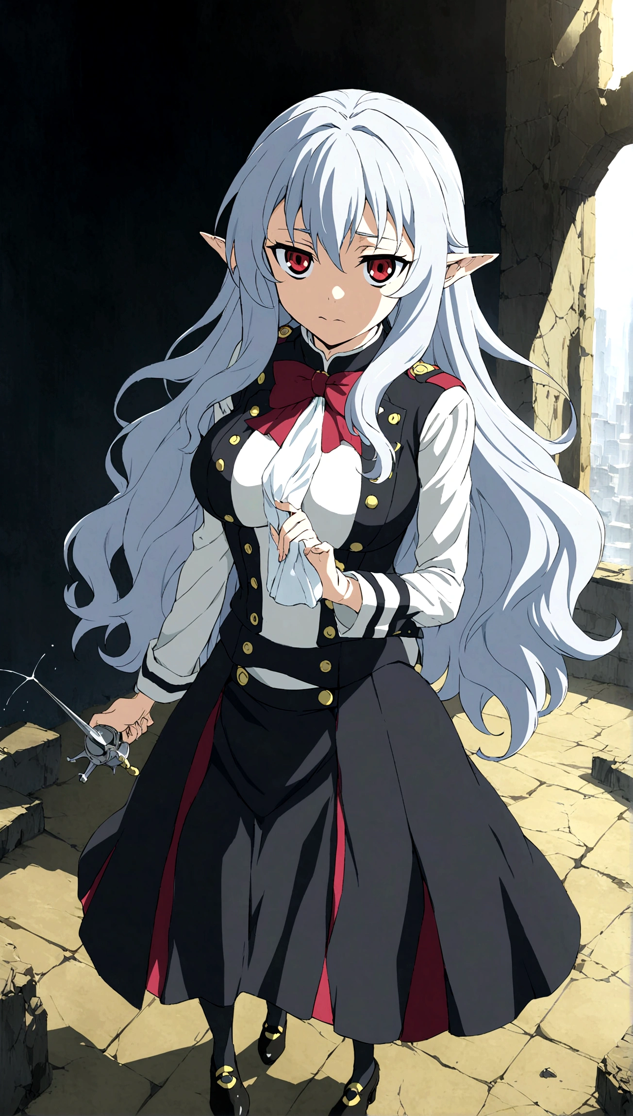 Anime. Owari no Seraph. 1 Girl. Dear . A vampire. Progenitor Clumsy. Silver hair. Wavy hair. Long hair. Red eyes. Beautiful eyes. Perfect eyes. Expressive eyes. Ideal face. Perfect body. Beautiful long ones. legs. Beautiful nose. 18 years. Big breasts. Standing. Full length Beautiful character design. Shiny skin. Pointy ears. White dress. Vampire uniform dress from
Owari no Seraph. Black stockings. Heeled shoes. Rapier in right hand. Cold. Runny nose. Nasal mucus. Snot. Snot flows from the nose. She wants to sneeze. She needs to sneeze. She has a strong, desperate urge to sneeze. She sneezed. Sneezes with snot. Handkerchief. Hand with a handkerchief near the face. Blows his nose. Ruins of Tokyo. Full body. NSWF. Official art. Extremely detailed CG Unity 8k wallpaper. Ideal lighting. Ultra high resolution 4K. Super detailed 8K. A high resolution.