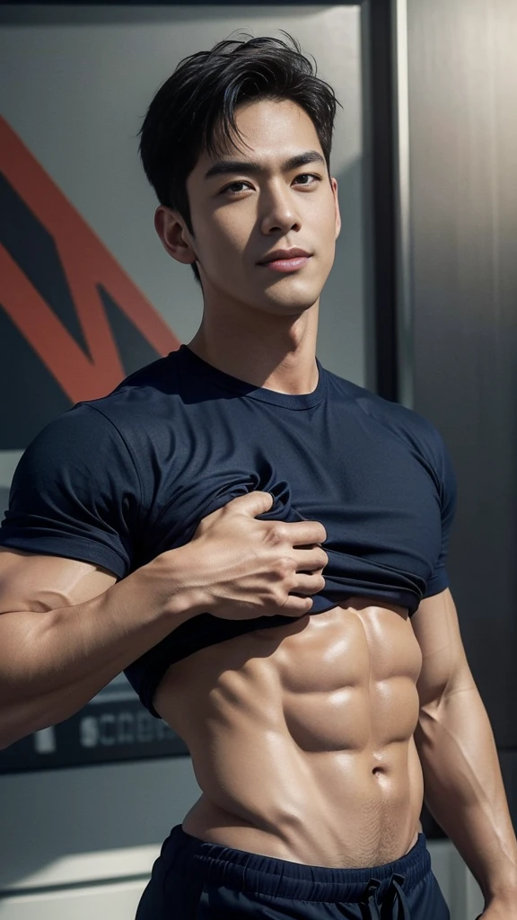 (Create a masterpiece: 1.2),(CGI art:1.3),(realistic:1.5),(After processing:1.3), (Sharp focus:1.3), 1 man, open mouth, smile, (Navy blue round neck shirt:1.3), Navy cargo pants, Korean guy , korean men, (High gloss details), chest muscles, large arm muscles, blood vessel, Big muscles, Broad shoulders, looking at the audience, Balancing the eyes, Seaside, beach, sunlight, running towards the camera