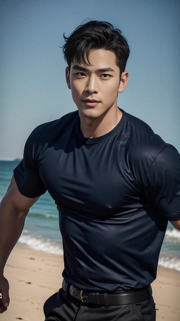 (Create a masterpiece: 1.2),(CGI art:1.3),(realistic:1.5),(After processing:1.3), (Sharp focus:1.3), 1 man, open mouth, smile, (Navy blue round neck shirt:1.3), Navy cargo pants, Korean guy , korean men, (High gloss details), chest muscles, large arm muscles, blood vessel, Big muscles, Broad shoulders, looking at the audience, Balancing the eyes, Seaside, beach, sunlight, running towards the camera