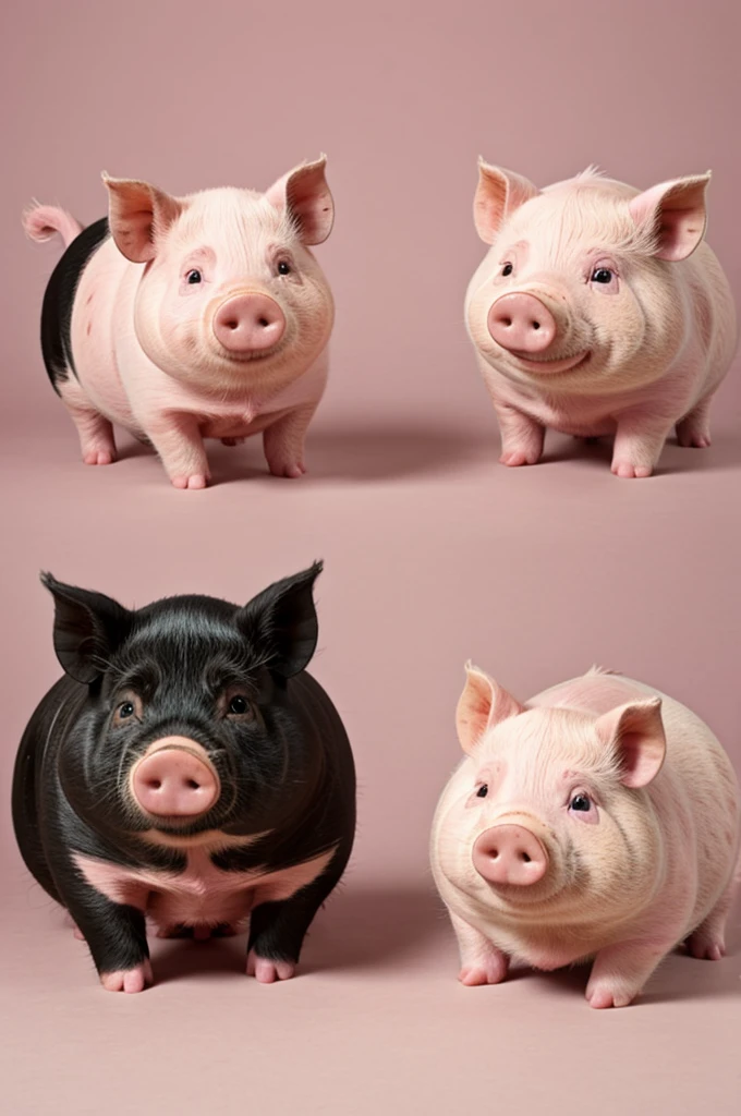 2 pigs, cartoon cats, round bodies, wearing pink shirts
