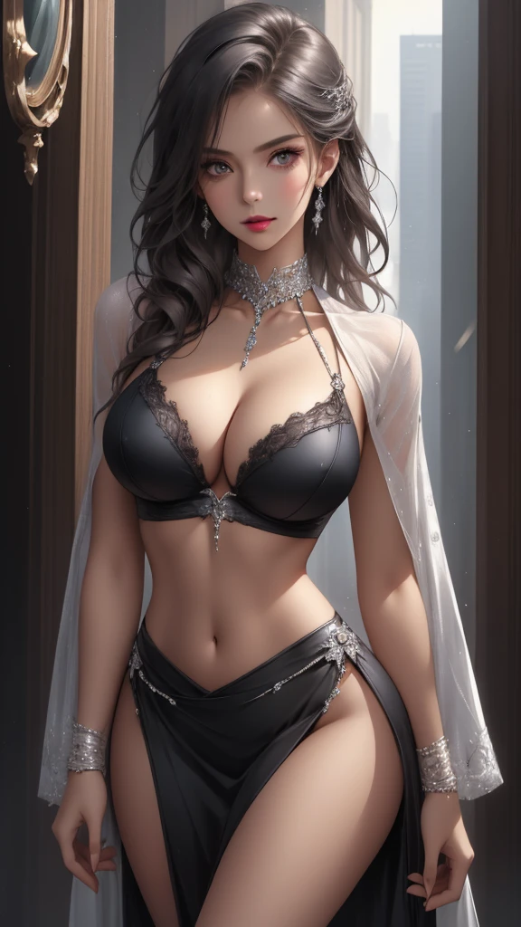  Beautiful sexy cool edgy  tall, slim, fit woman, intricate and highly detailed, big firm heavy breasts, deep cleavage, bob silver hair, body chain, diamond jewelry, sparkly, shiny, wlop, round premium , sexy , amazing boobies