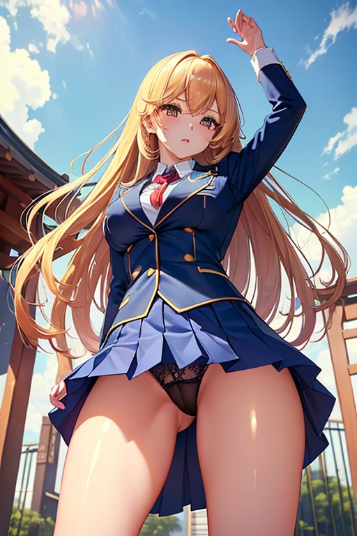 (((Stretch your legs and rotate your hips)))、((Shiny underwear)))、Uniform Blazer、Beautiful beauty、Long golden hair、((whole body))、(((Photo taken from below)))、school gate、Large Breastini skirt、Panties are blue lace、Japanese、expensive、Long limbs