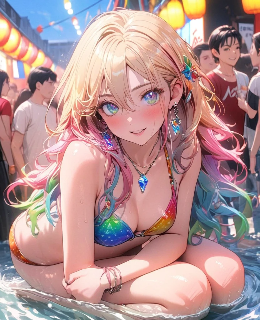 8K,gal,an extremely delicate and beautiful,Beautiful and realistic skin,Shiny jewel-like earrings,Long colorful hair,beautiful eyes,full body,head to toe,beautiful regs,bikini
,summer festival,splash