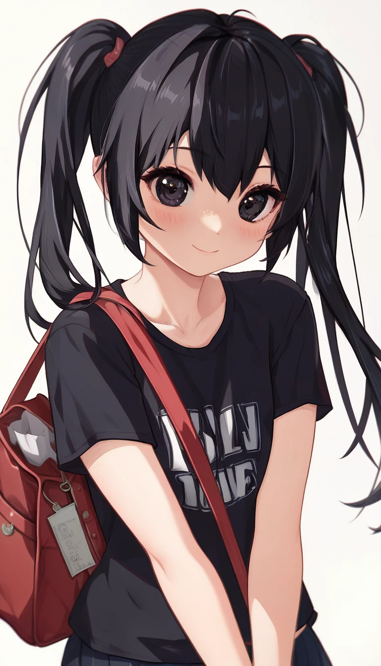 K,1girl,12ery cute,black hair,twintail,thin twintail,black eyes,r-shirt,Short sleeve, red randoseru,Red School Bag,flat chest,white background,blush,light smile