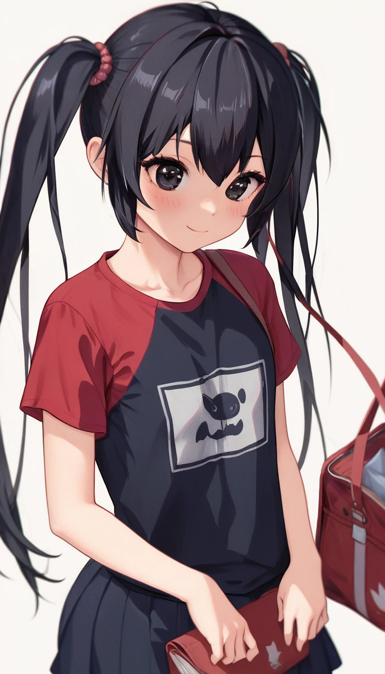 16K,1girl,************,very cute,black hair,twintail,thin twintail,black eyes,r-shirt,Short sleeve, red randoseru,Red School Bag,flat chest,white background,blush,light smile