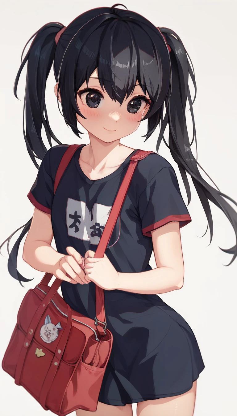 16K,1girl,************,very cute,black hair,twintail,thin twintail,black eyes,r-shirt,Short sleeve, red randoseru,Red School Bag,flat chest,white background,blush,light smile