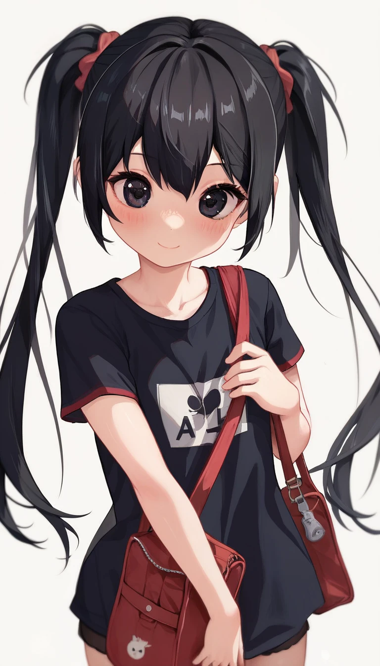 16K,1girl,12 years old,very cute,black hair,twintail,thin twintail,black eyes,r-shirt,Short sleeve, red randoseru,Red School Bag,flat chest,white background,blush,light smile