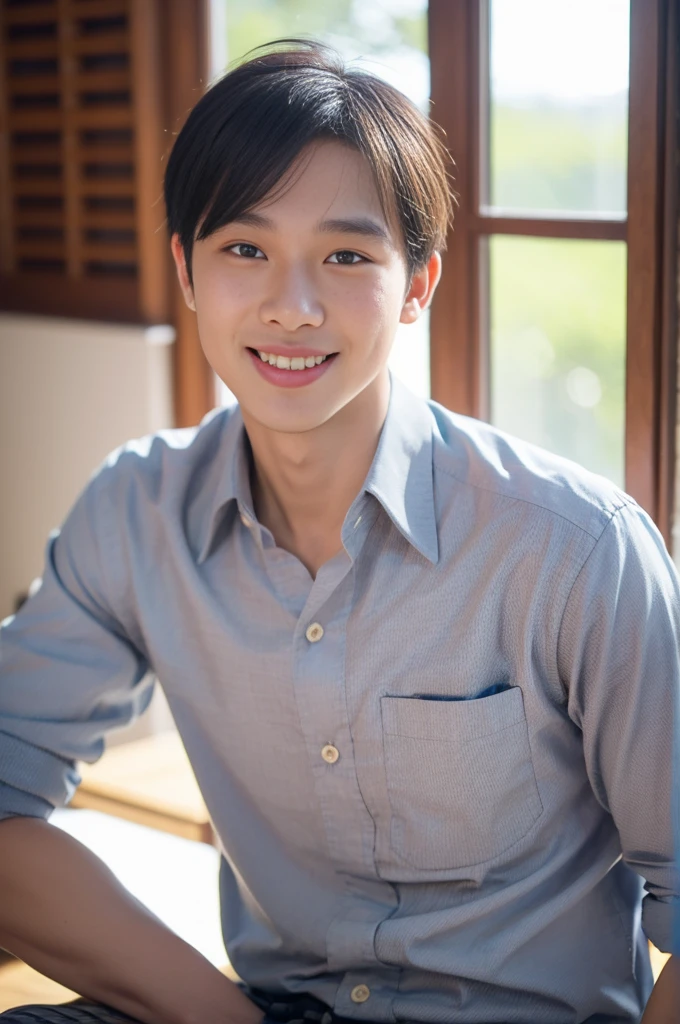 ((Highest quality, 8K, Masterpiece: 1.3))、Thailand Laos Burma Asia, Thai man, A handsome Asian rugby player with short hair, a muscular beard, and big muscles., 1A man who has、 yo、Good appearance、Beautiful nose、smile、 Detailed eyes and face、beautiful light、(studio)、high resolution、(Look at the viewer.)、Fine mouth、smile、whole body: 1.5, perfect shape: 1.3, looking at camera ,Gray button-down shirt , bedroom sunlight looking at the sea