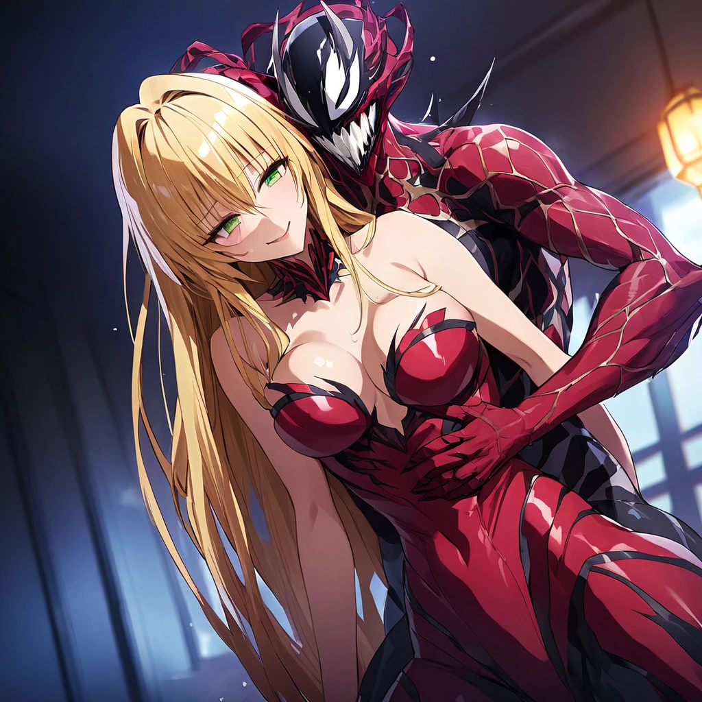 ((Highest quality)), ((masterpiece)), (detailed), （Perfect Face）、The Venom woman is Tearju, a green-eyed, blonde, medium-long-haired female Venom who has completely transformed into Venom and is wearing a red Venom suit that fits her entire body, including her head, covering the entire woman, and she has been reborn as the complete Venom Queen.、The woman is happily clinging to the arm of the male Venom King, gazing at him with a loving expression and having sex with him.、The man is a Venom King with a strong and dignified body in dark blue, kissing the woman and caressing her while having sex.、A happy and loving couple, the King and Queen