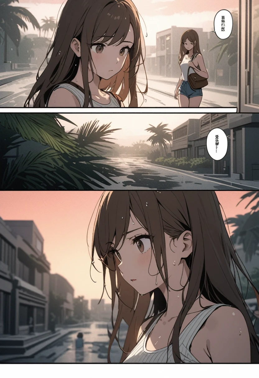 Close up, ((comic strip, manga panel, speech bubble)), young woman looking at phone with concern, brown eyes, swept bangs, ((very long brown hair, beautiful face, cinematic light, best quality, masterpiece)), small breasts, thin, ribbed white tank top, jean shorts, satchel, she is walking across a street with puddles, library building, wide steps, people in background, wet skin, wet clothes, hair blowing in wind, in tropical climate after intense storm, power outage, dense overcast parting to reveal a red-orange sunset, wall of rain and visible on horizon, slate atmosphere, tropical plants, palm tree, Cinematic, faded colors, dark shot, muted colors , grainy film, lute, insane details, intricate details, hyper-detailed, 
 