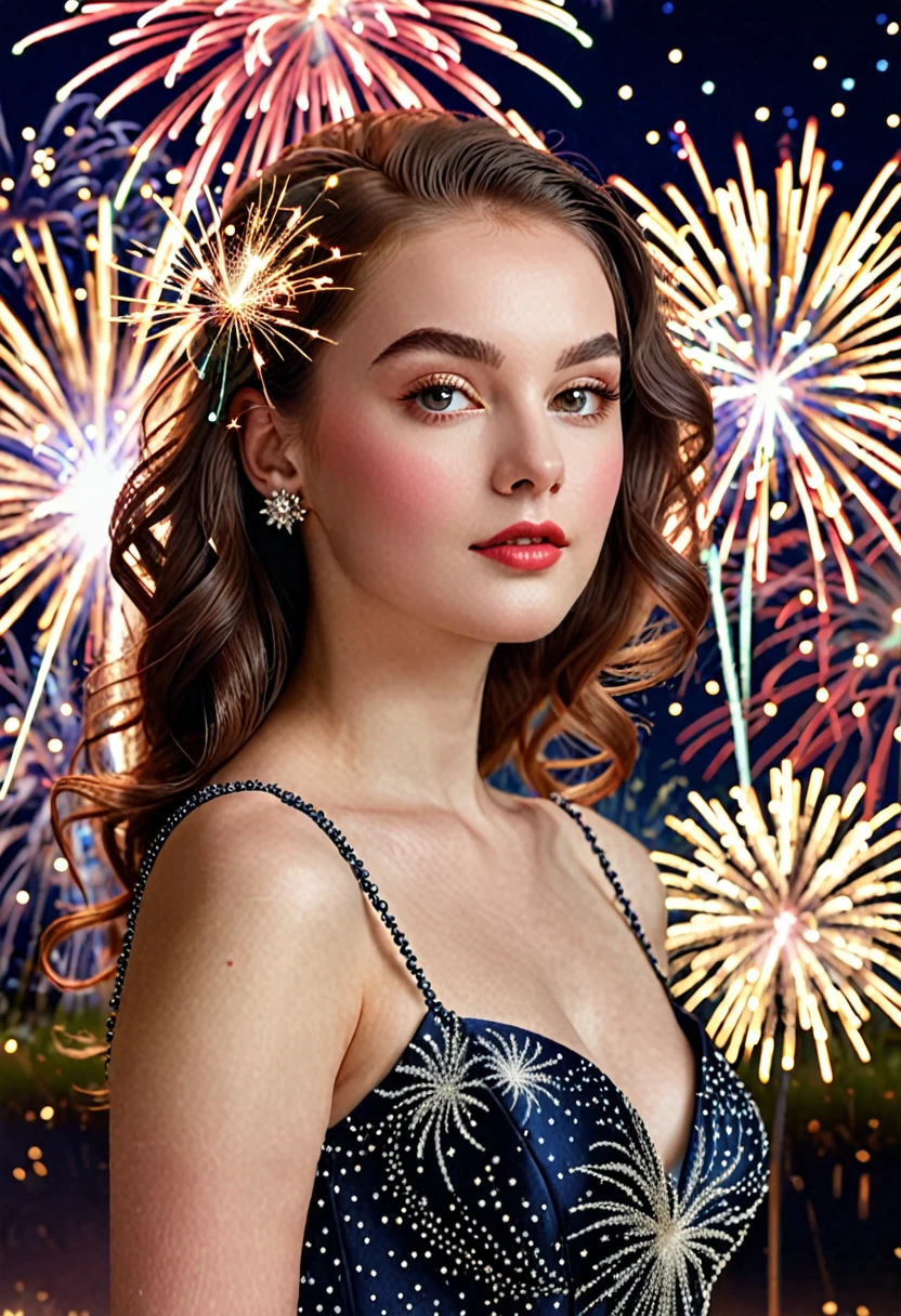 "Elegance and Youth: A Portrait of Modern Beauty"divine beauty, innocent , firework in background 