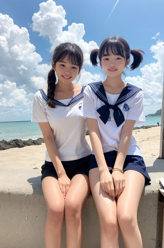 2 girls in beach,cumulonimbus cloud in summer sky,short-sleeved sailor shirt,18-year-old,bangs,a little smile,thighs,knees,short hair with low pigtails bunches,from below,front light