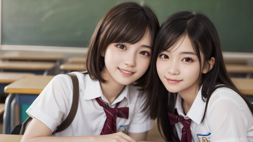 kawaii, (2girl), bob hair, smile, (high school uniform), (Best Quality:1.4), Realistic, extremely detailed CG unified 8k wallpaper, highly detailed, High-definition raw color photos, professional photography, Realistic portrait, Beautiful detailed, Close up portrait of girl, (school, classroom:1.2), (Fine face:1.2),