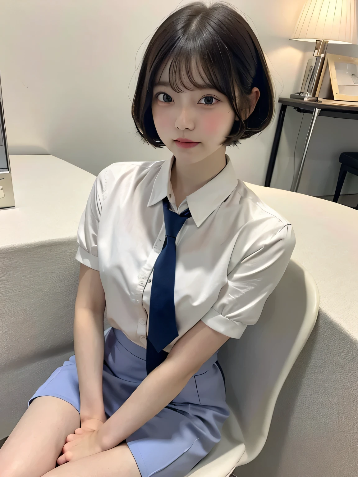 One person、11 years old、Full body photo,slender、woman、White drool coming out of the mouth、smile、、Short Bob Hair、 Fair skinned and super cute、Soft and Face、8K resolution、Surreal、Ultra high definition、 A-cup small breasts((Highest resolution、8K、masterpiece:1.3))、Ultra-fine face、Ultra Fine Lips、Beautiful Eyes、double eyelid,Pink wall、Blue tie、White shirt、Yellow Skirt、Thighs、thin,Thighsが見える、Shapely small breasts、So cute!,Sitting in a chair、Thighsが見える、very cute