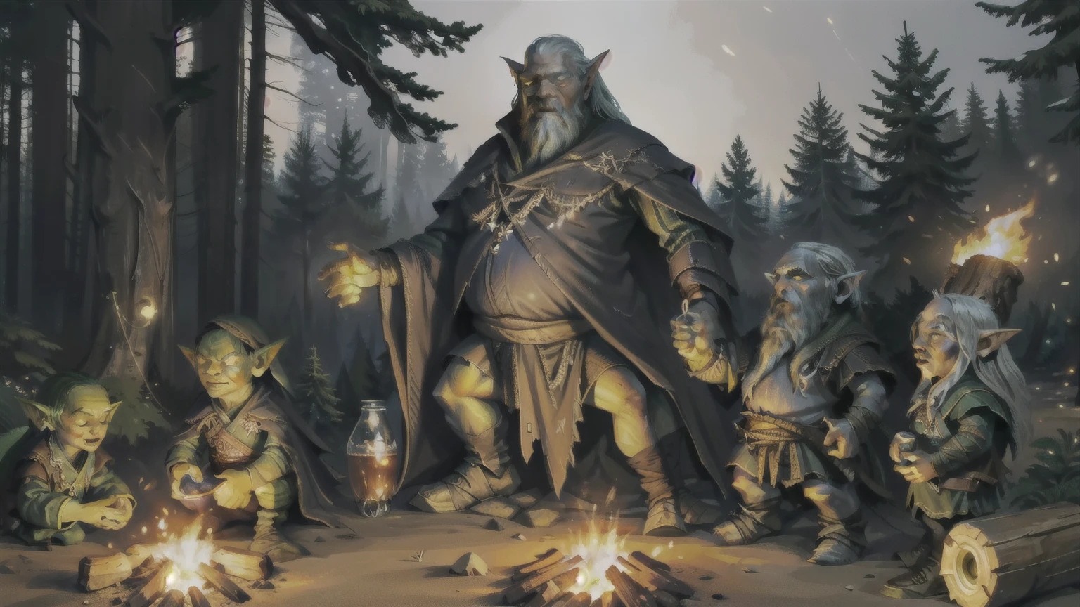 I want a group of people together next to each other in a forest camping by a campfire, all different from each other, um elfo, a dwarf, Um gigante, a merman and a human, everyone drinking.