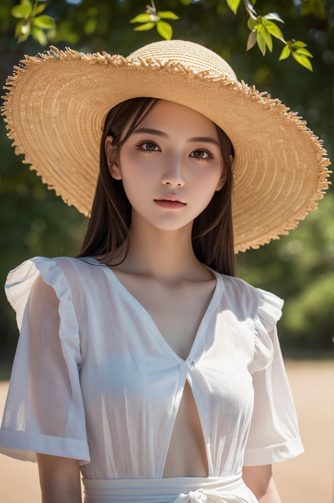 Highest quality, masterpiece, High resolution, 1 Girl,Tyndall effect,Realistic,,(High definition skin:1.2), 8K UHD, , Frank, High resolution, 4K, 8K,Straw hat,Full body photo.Real