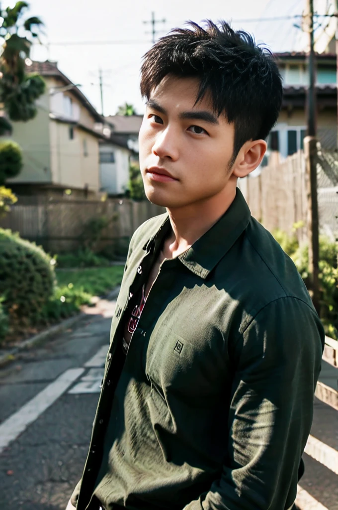 A young Asian man with large muscles looks at the camera. In a dark green button-up shirt. , measure , Normal sunlight