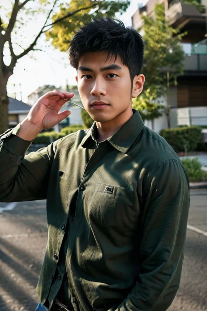 A young Asian man with large muscles looks at the camera. In a dark green button-up shirt. , measure , Normal sunlight