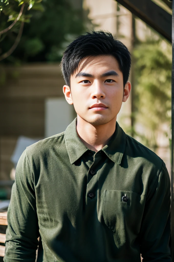A young Asian man with large muscles looks at the camera. In a dark green button-up shirt. , measure , Normal sunlight