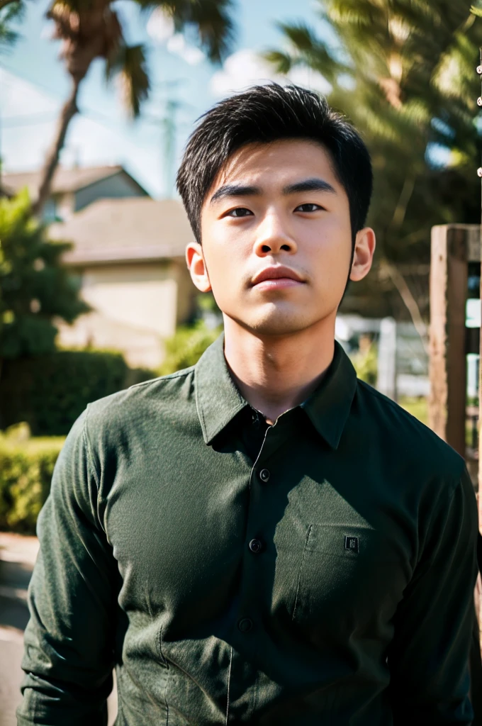 A young Asian man with large muscles looks at the camera. In a dark green button-up shirt. , measure , Normal sunlight