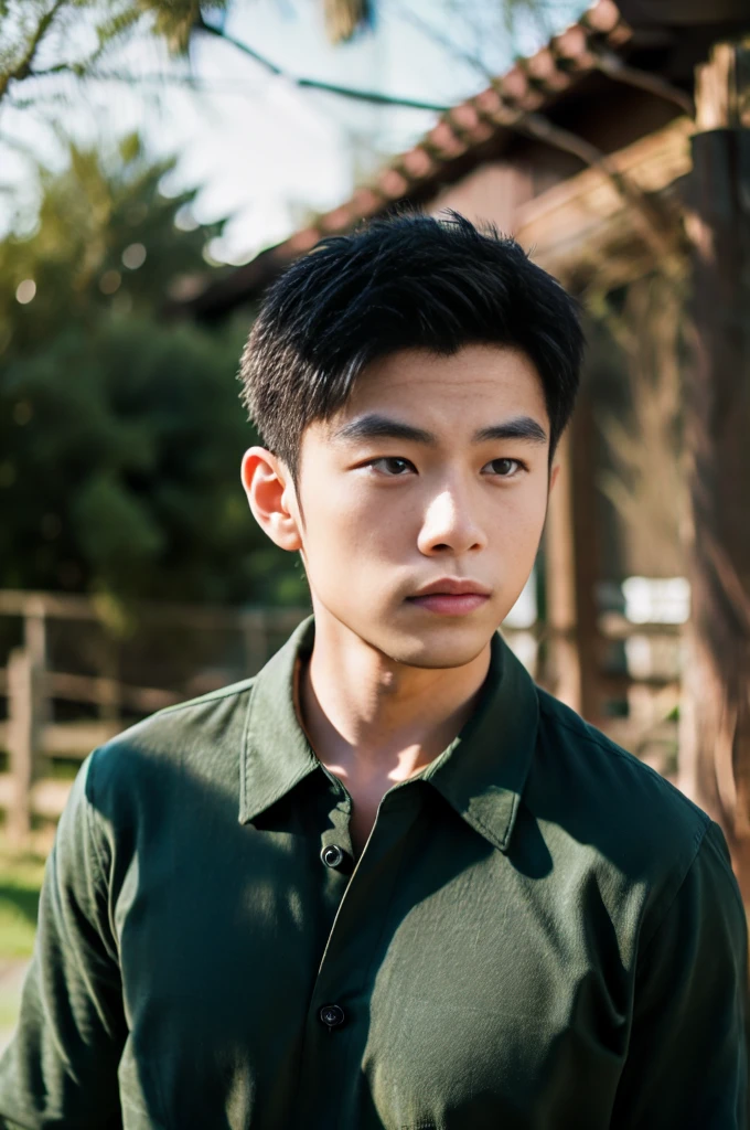 A young Asian man with large muscles looks at the camera. In a dark green button-up shirt. , measure , Normal sunlight