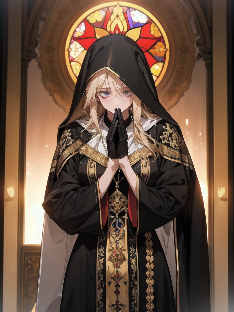 Praying to God with hands together Rubber puff sleeve Golden Rosary Interior background of the church Stained glass sunset Orange Room anime Vinyl Sister Black Veil Nuns Shiny black sister outfits Blonde long hair Extra long black rubber gloves cute Pathetic clear Droopy eyes I'worry Open your mouth slightly and smile Shocking Pink Rouge Shiny black rubber riding suit Wet lips The costume is shiny with lotion Embarrassing Blushing Embarrassing Big breasts that will tear your clothes Very large breasts Extremely distended breasts Huge breast swelling Looking into the camera university student Year: 20 Illustrated style anime風 beautiful girl Cheeks pink Blonde long hair super curly hair Super long sideburns Black rubber long socks that reach down to the crotch