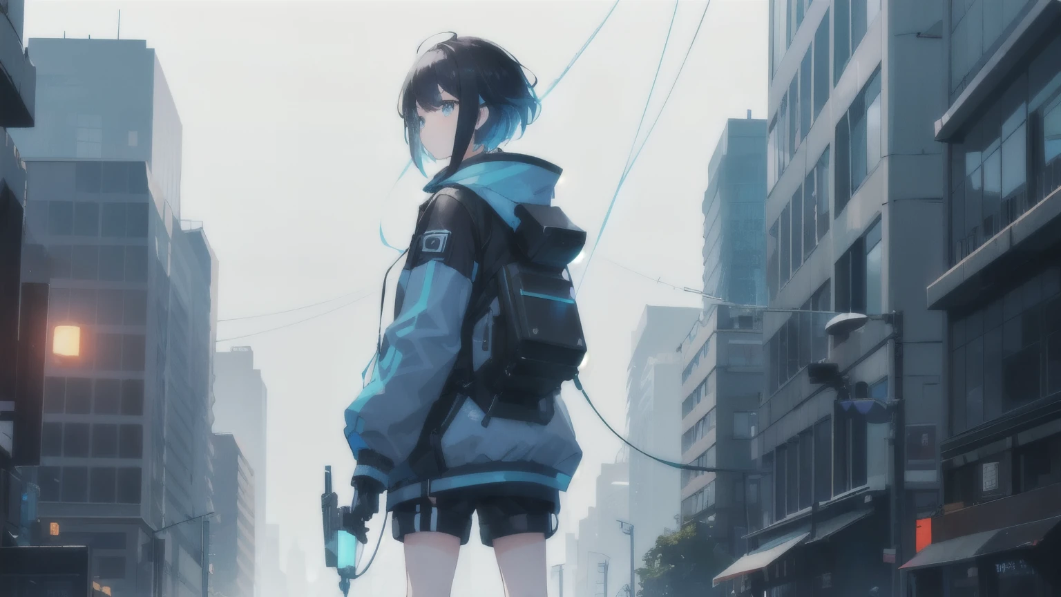 Back alleys of a futuristic high-tech city，Skyscraper gap，A strong-willed girl wearing a down jacket，Black short hair，Light blue headphones，Blowing up a gum balloon，Photo of the draw，Shooting from a distance，Take an aerial shot from slightly above，Highest quality，Neon Light，A car&#39;s taillights with an afterimage，it&#39;s raining，Don&#39;t stick an umbrella，Ultra HD，８K，Artistic，Japanese light novels，