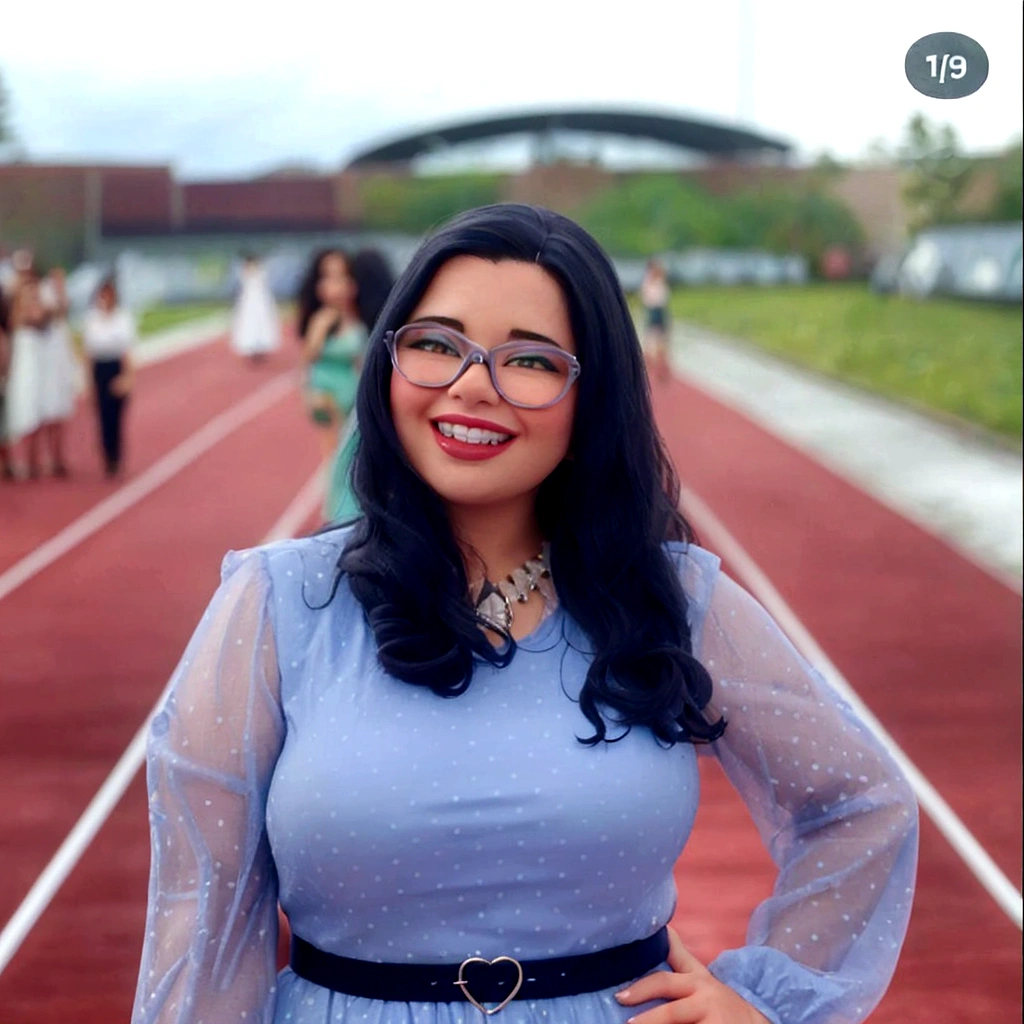 plump woman in a blue dress and glasses standing on a runway, the background is heavenly, bokeh only in the background, powder Nándor Katona, yearbook photo, alanis guillen, por Reyna Rochin, by Olivia Peguero, in front of a forest background, inspired by Gina Pellón