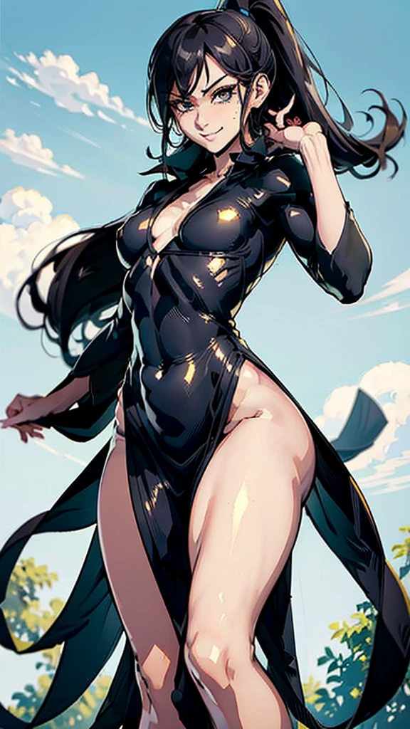 Black hair girl with a ponytail, standing looking at the ground with an air of superiority. muscular girl, naughty smile. detailded, beautiful  face, blue colored eyes. She has a small breasts. crotch focus. tatsumaki cosplay, dress, black dress, cosplay