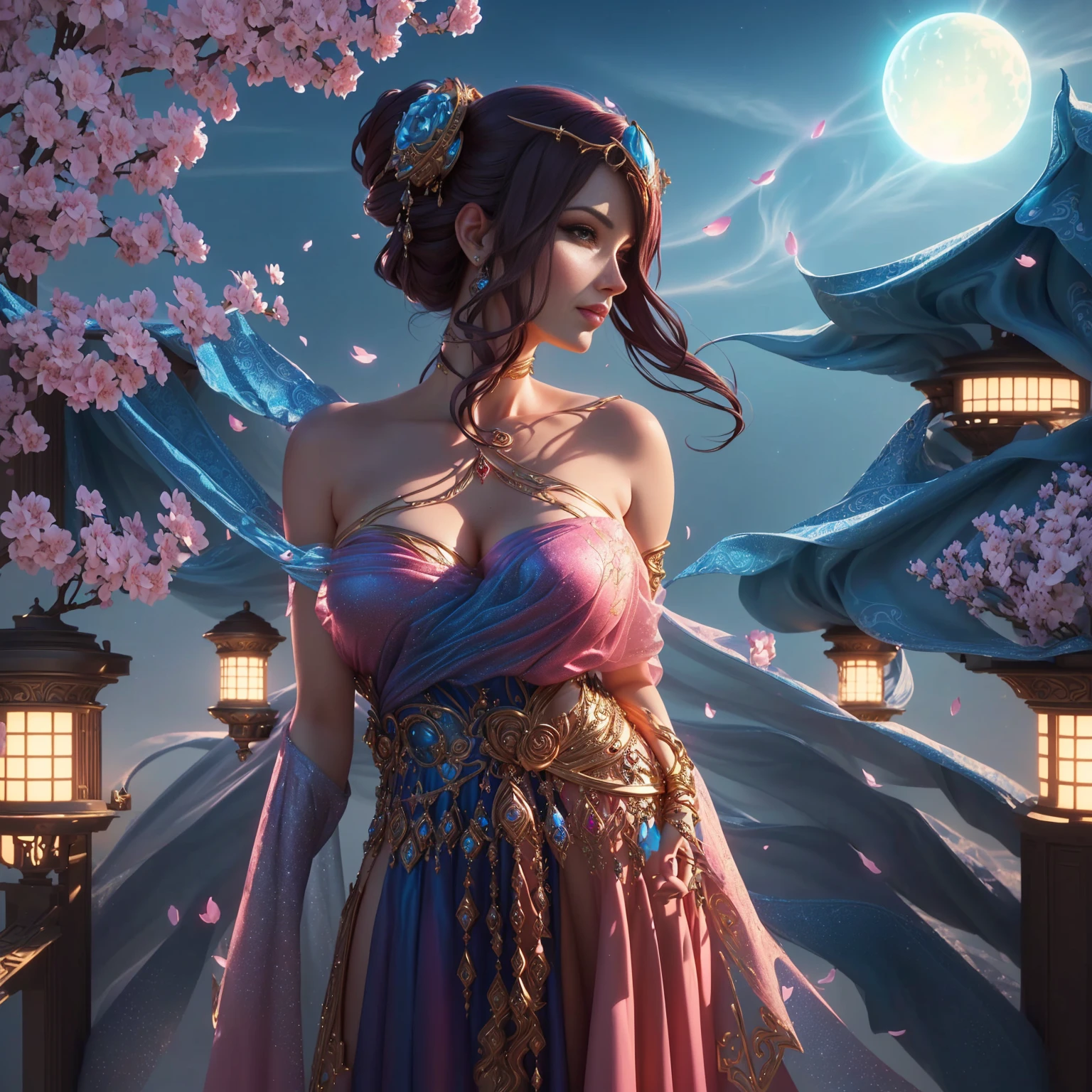 Portrait of a woman in a pink and blue dress, beautiful fantasy art, beautiful fantasy girl, Argerm Julie Bell Beeple, very beautiful fantasy art, Carol is behind, uh.., Amazing 8k artwork, beautiful goddess, beautiful character drawings, Persian Princess, Fantasy Woman, Beautiful Fantasy Empress, beautiful devil girl, Indian goddess