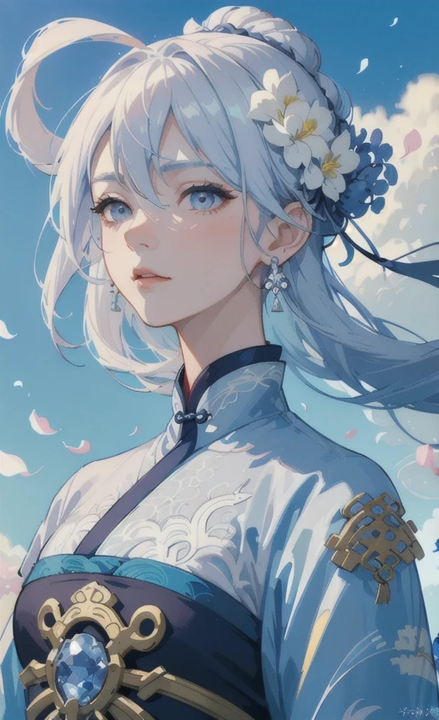 Mature girl, blue and white hair color, floating hair, delicate and flexible eyes, intricate brocade hanfu, gorgeous accessories, wearing pearl earrings, FOV, f/1.8, masterpiece, ancient Chinese style architecture, blue sky, flower petals flying, front portrait shot, Chang'e, side lighting, sunlight shining on people