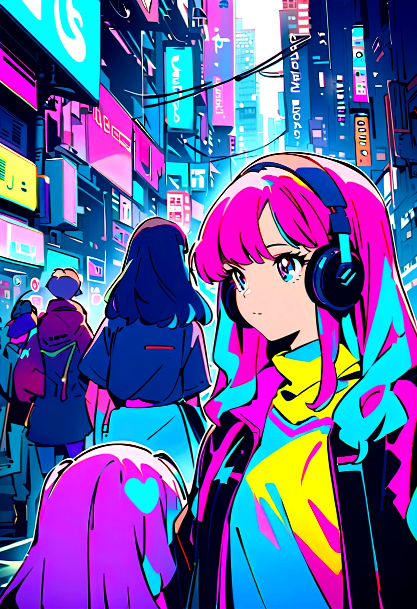 Pink and blue hair girl, soda, Inspired by 90s anime, Cyberpunk City, praise, colorful, listen to music, Pink Hair, Blue Hair、Hanging out with friends、