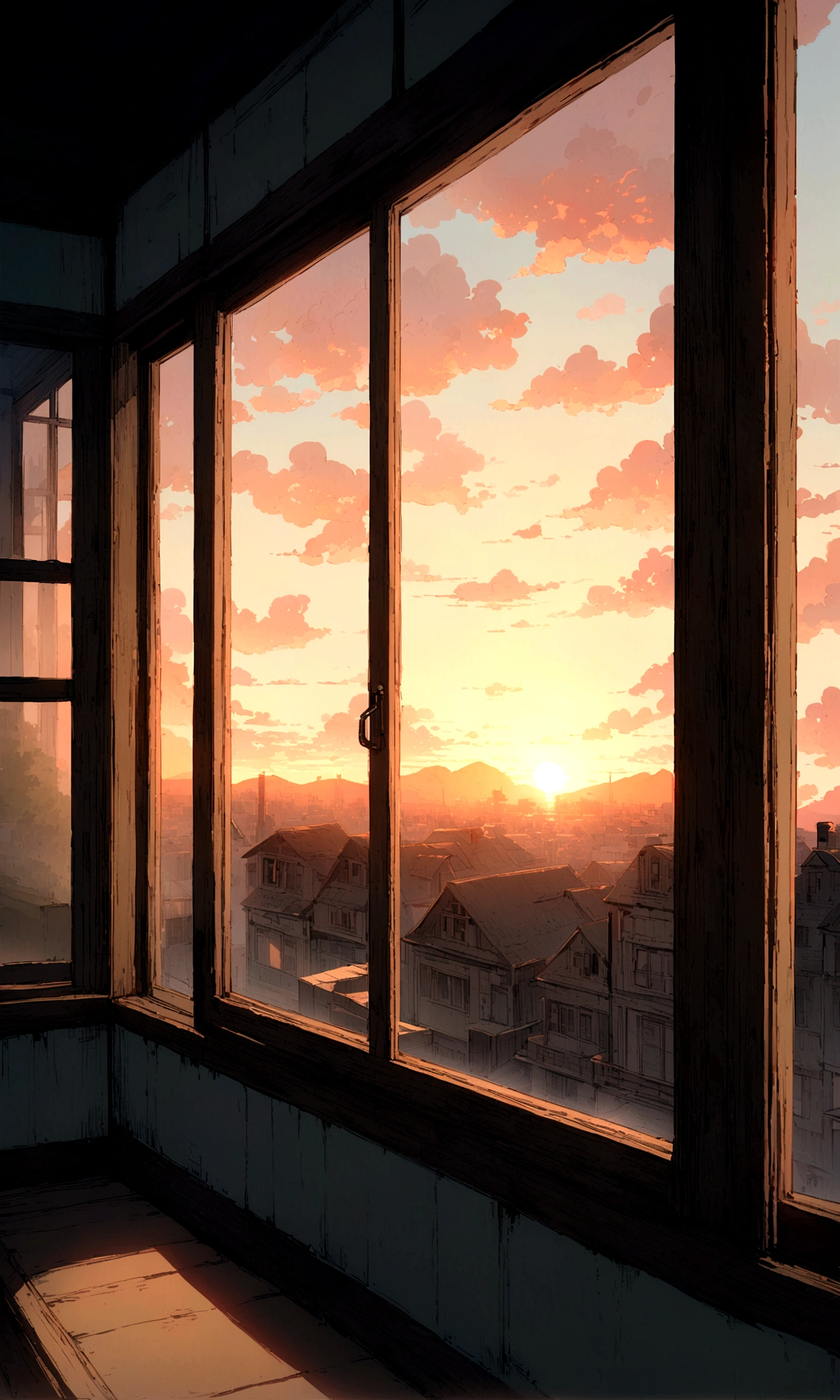 sunset, window,boy, 大きなwindow, windowから海が見える, windowから地平線が見える,large room、windowを見てる