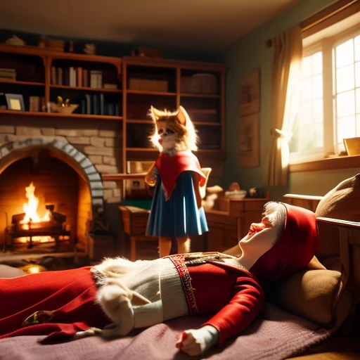 “Inside the cozy cottage of Little Red Riding Hood's grandmother, the cunning wolf, disguised in the grandmother's clothing, waits eagerly for her arrival. The interior is adorned with rustic charm: a crackling fireplace, shelves lined with books, and a comfortable armchair. Outside, the moonlight filters through the windows, casting faint shadows across the room. Little Red Riding Hood cautiously enters, her red cape contrasting with the dimly lit surroundings. She notices something off about her grandmother's appearance but initially dismisses it as the elderly cat lying in bed. The tension builds as Little Red Riding Hood approaches the bed, unaware of the danger lurking just beneath the surface."