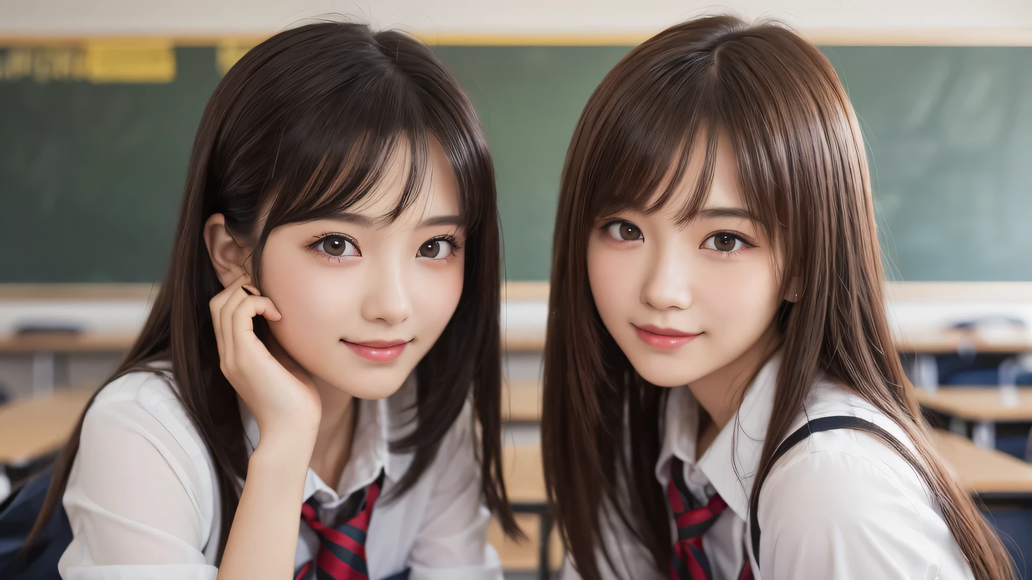 kawaii, (2girl), bob hair, smile, (high school uniform), (Best Quality:1.4), Realistic, extremely detailed CG unified 8k wallpaper, highly detailed, High-definition raw color photos, professional photography, Realistic portrait, Beautiful detailed, Close up portrait of girl, (school, classroom:1.2), (Fine face:1.2),