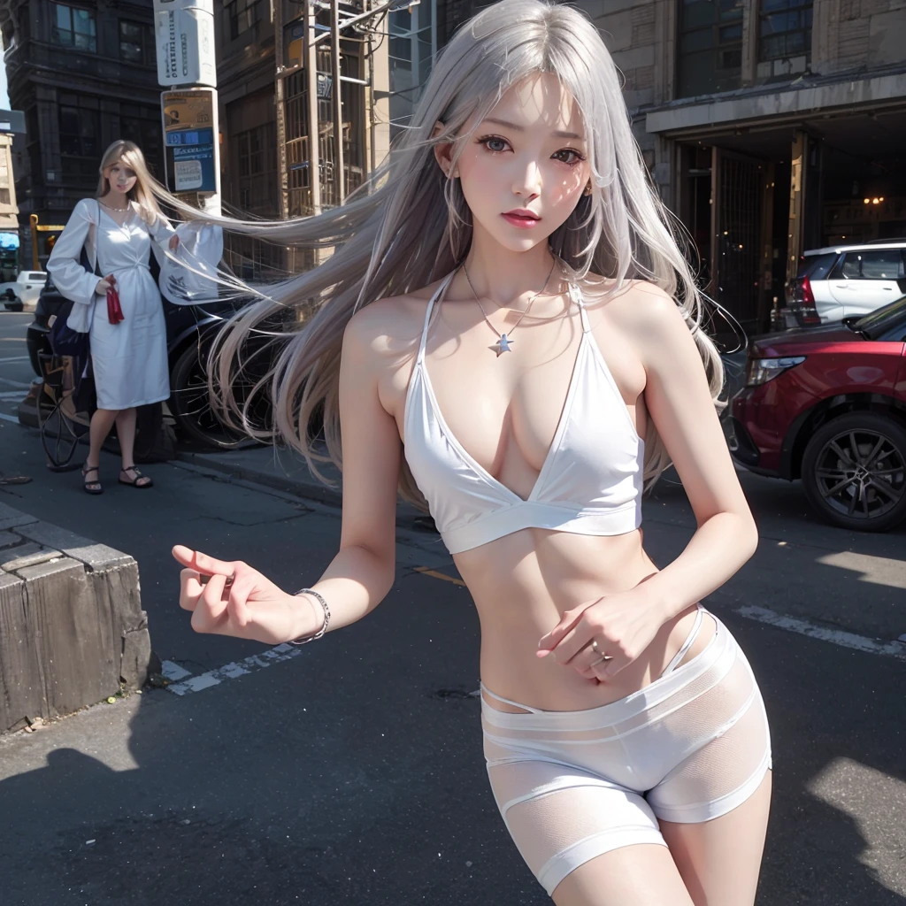 (close:1.4)、(RAW photo:1.2)、(realistic:1.4)、(masterpiece:1.3)、(highest quality:1.4)、(beautiful woman with perfect body:1.4)、(perfect anatomy:1.2)、Beautiful female college student、pieces fly、Make-up is light、red lips、silver hair、messy long hair、street background、beautiful、elegant、Star work with ultra-fine details、Texture of reality、cinematic lighting realism、perfect job、8K、exquisite features、white tight open cut top、transparent white tight shorts、slimming、bright big eyes、earrings、necklace、